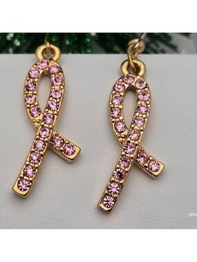 ✨2/$10✨ Pink Ribbon Breast Cancer Awareness Crystal Earrings Gold Tone